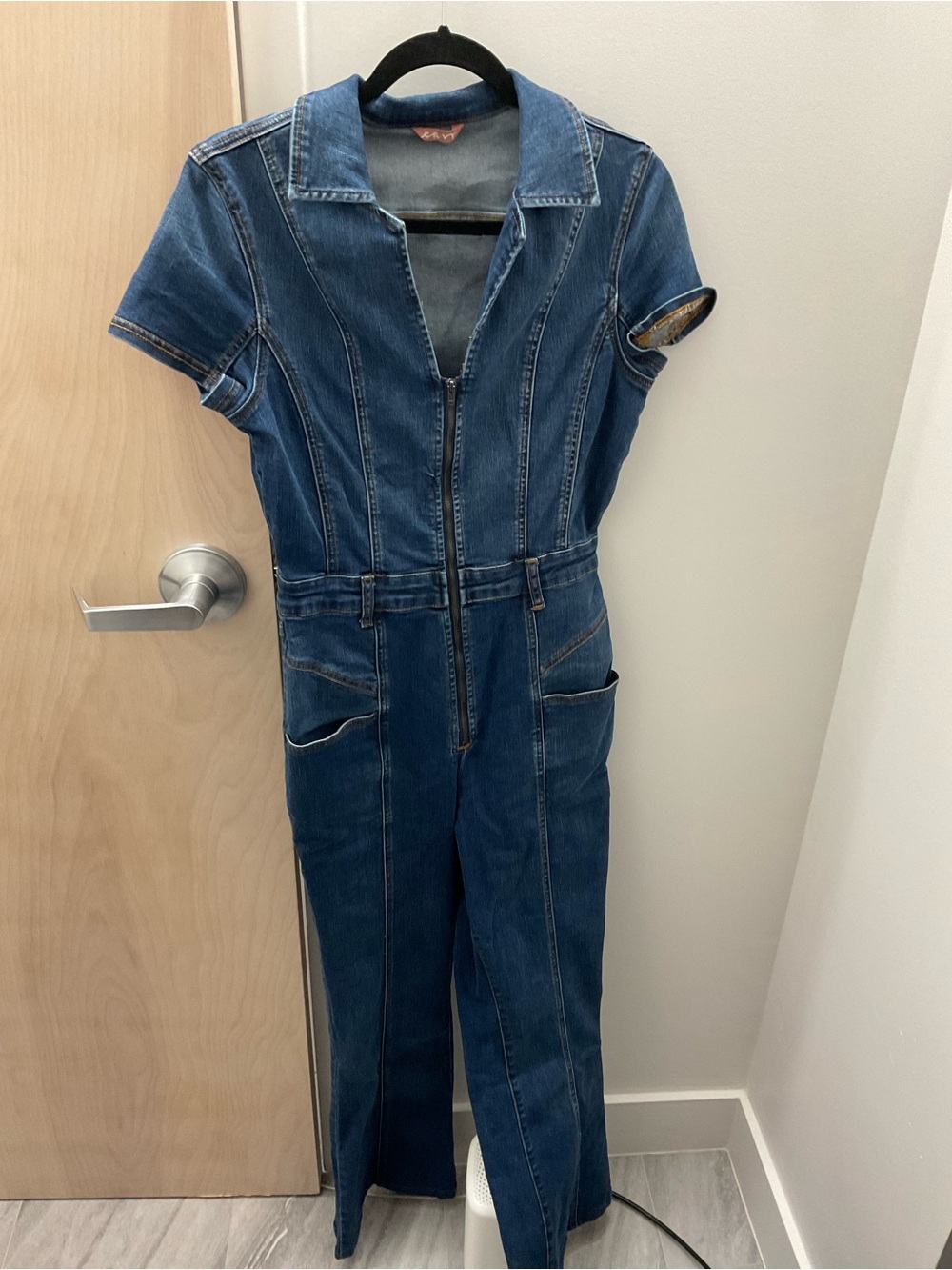 Dark Blue Denim Jumpsuit Jeans - Women's Zip-Front Flared FREE PEOPLE